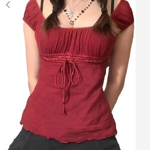 Red Y2k Empire Tie Top With Lace Detail